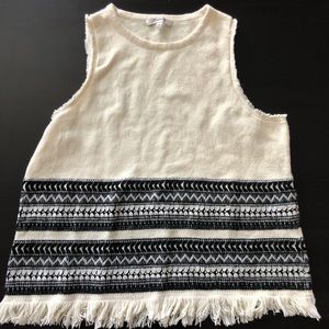 Madewell Cream & Black Sleeveless Fringe Hem Knit Top